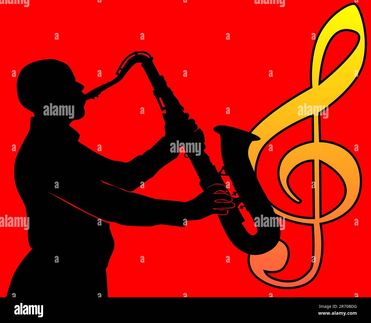 black silhouette of a saxophone player on a red background Stock Vector