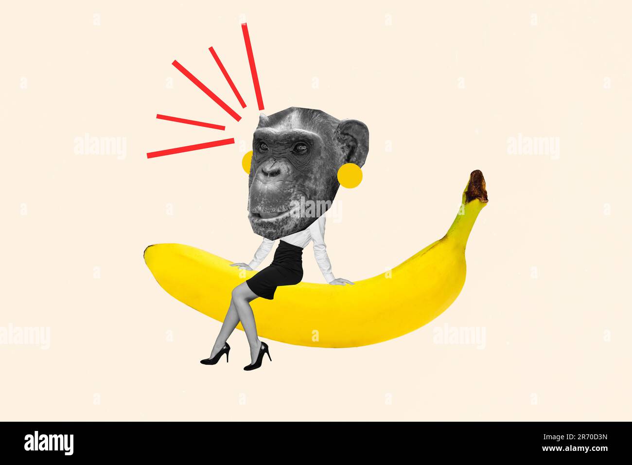 Collage minimal picture of funky funny monkey head lady worker sitting big banana isolated beige
