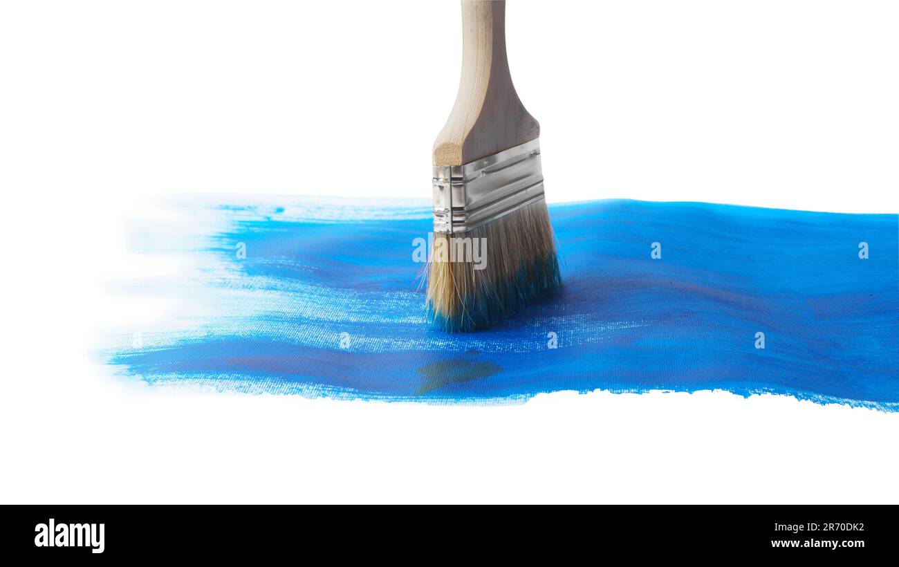 Blue paint stroke and brush on white background Stock Photo - Alamy