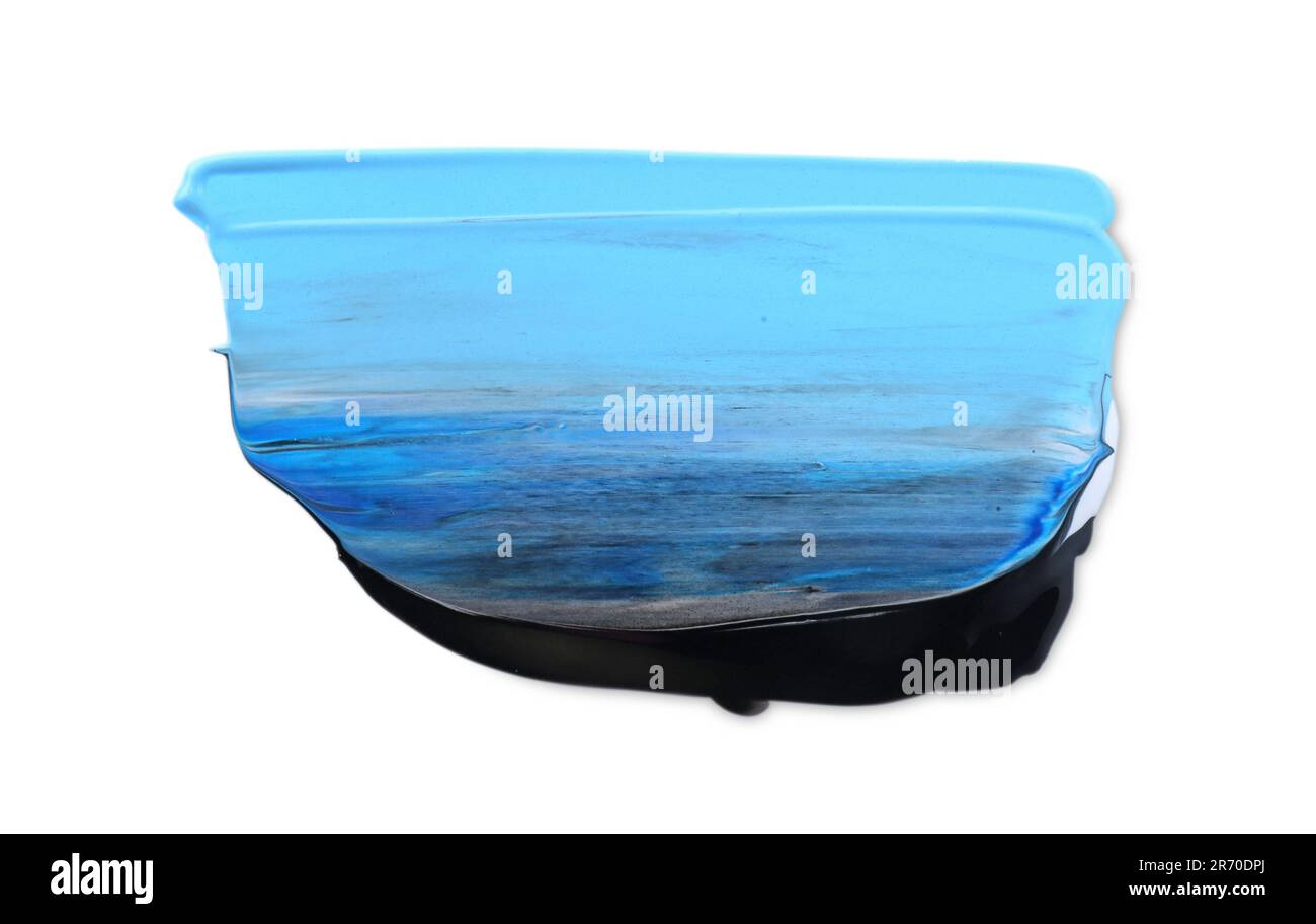 Light blue and black paint samples on white background, top view Stock