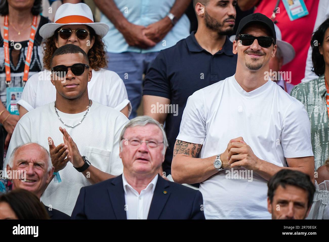 Paris, France 20230611.Soccer players Kylian Mbappe and Zlatan Ibrahimovic  in the stands during the final in tennis at the Roland-Garros tournament  between Casper Ruud and Novak Djokovic from Serbia. Photo: Beate Oma