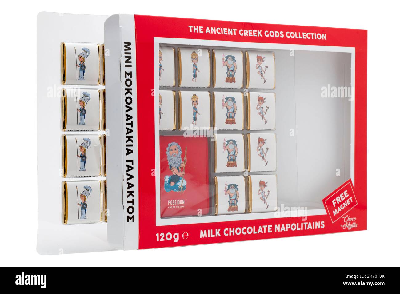 From Choco Myths a 120g Box of their The Ancient Greek Gods Collection Milk Chocolate Napolitains with Free Legendary Magnet Stock Photo