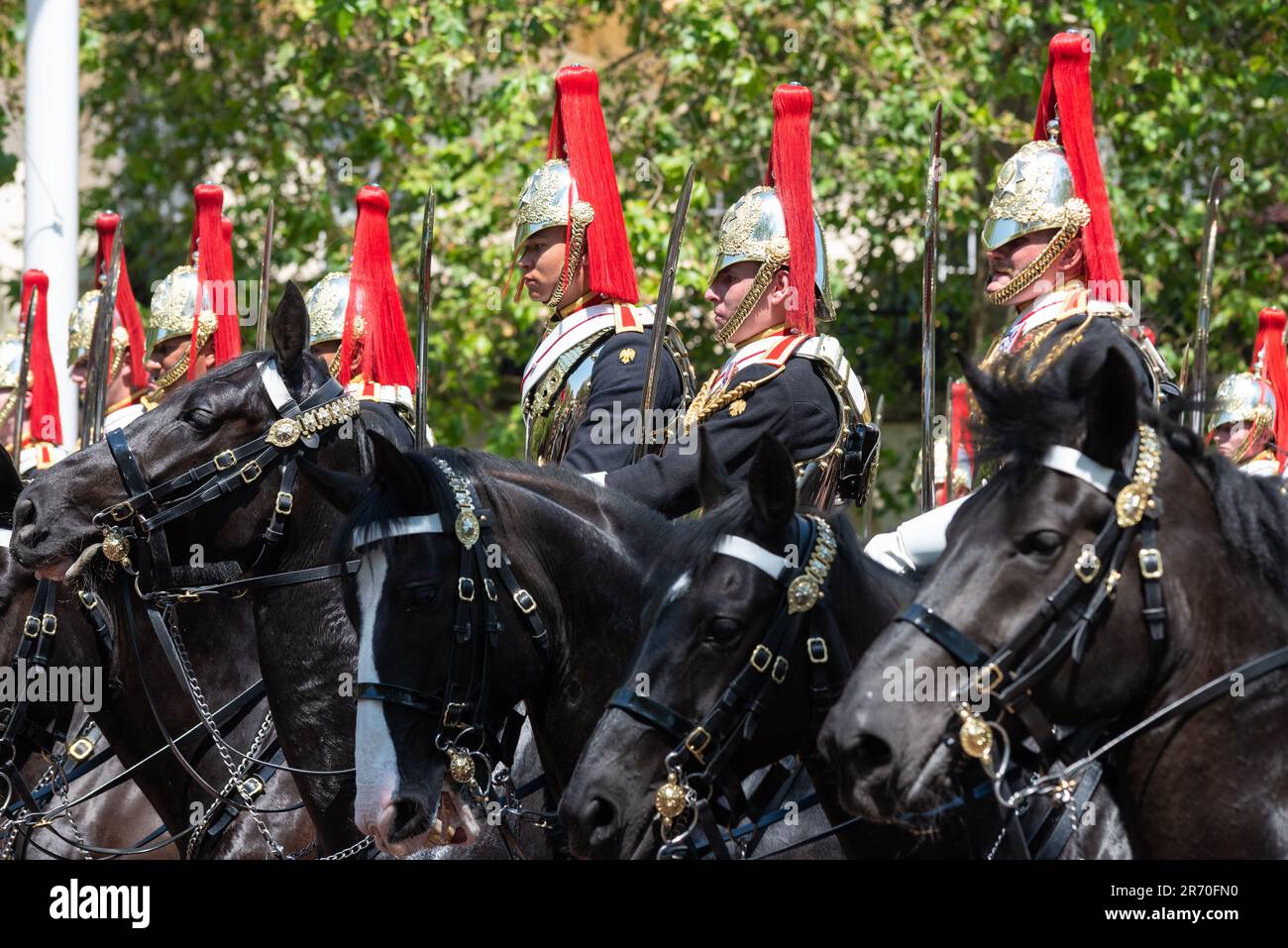 Colonel's review of Trooping the Colour, final evaluation of the military parade before the full event takes place next week. Blues & Royals Stock Photo