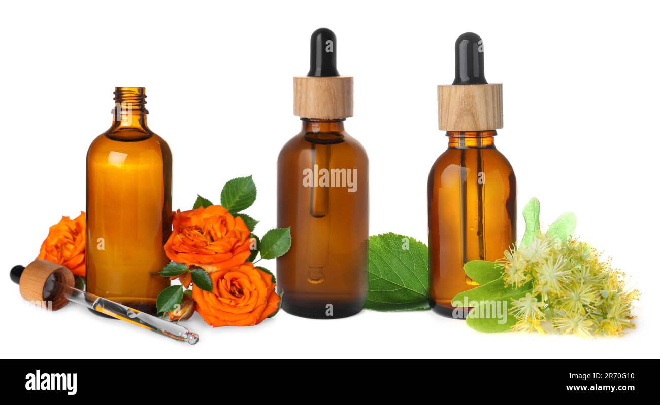 Different essential oils and ingredients on white background, collage