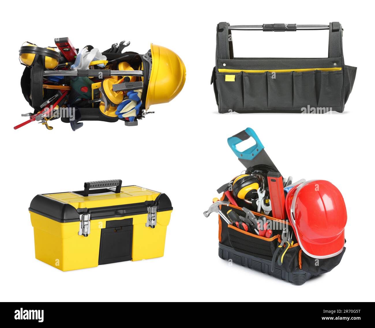 Collage of bags and boxes with tools on white background Stock Photo