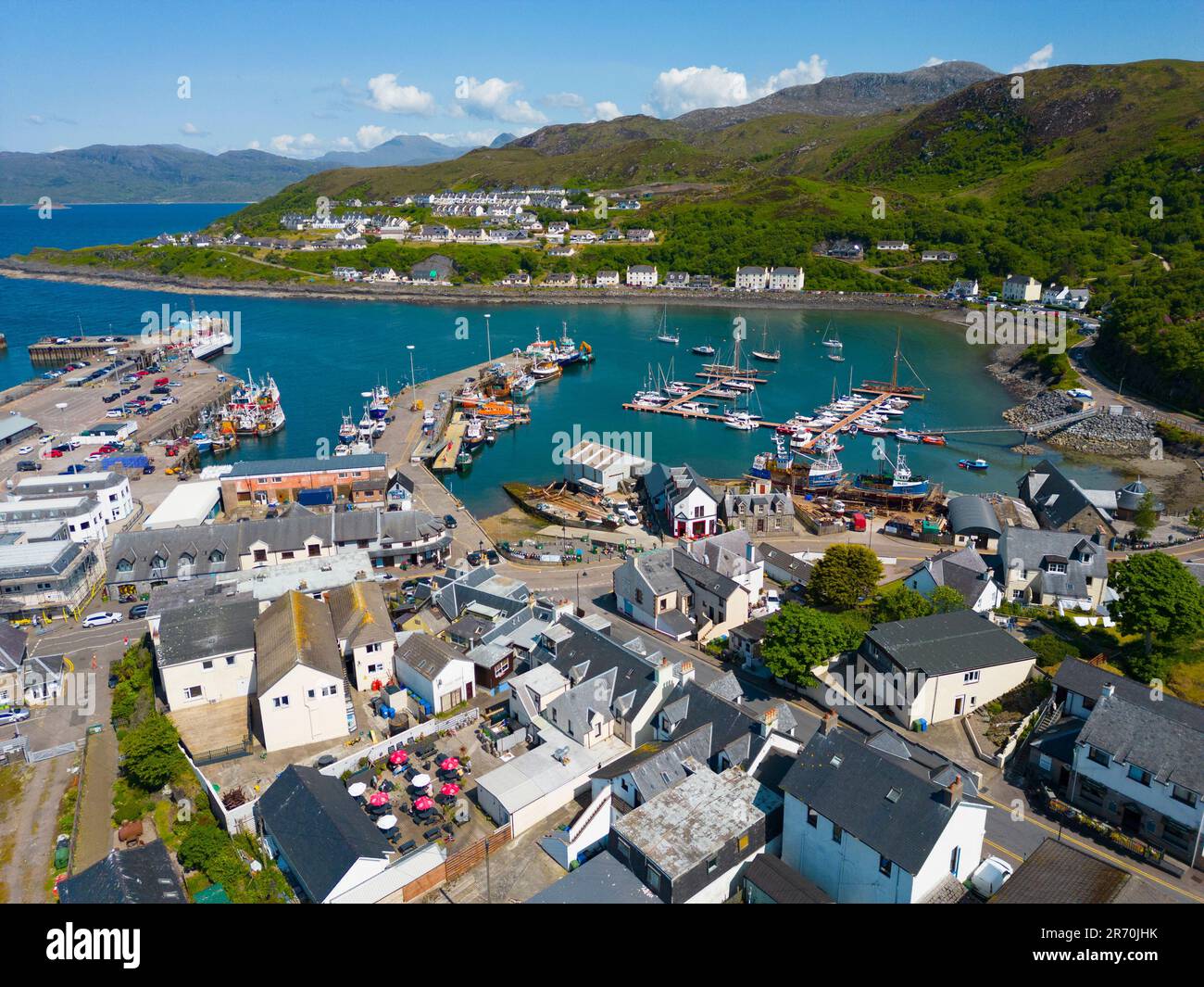 Aerial view from drone of Mallaig village and harbour in Lochaber ...