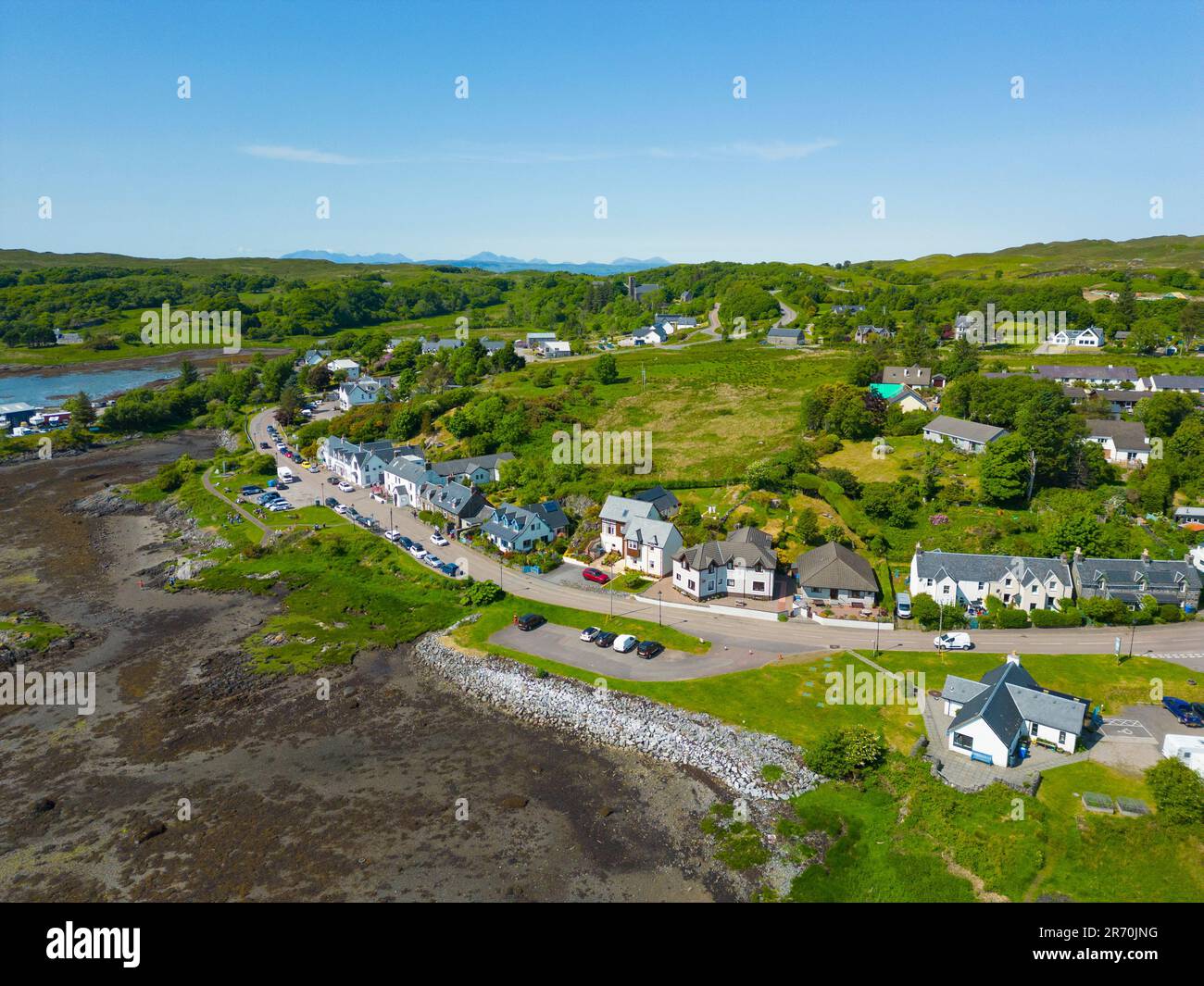 Aerial view from drone of Arisaig village in Lochaber, Scottish