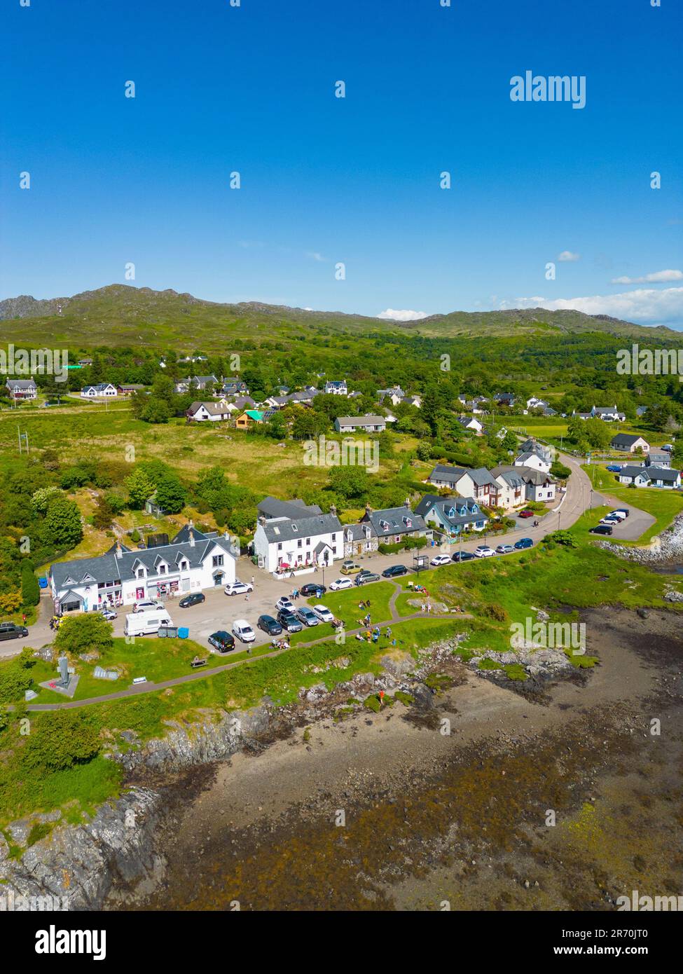 Aerial view from drone of Arisaig village in Lochaber, Scottish