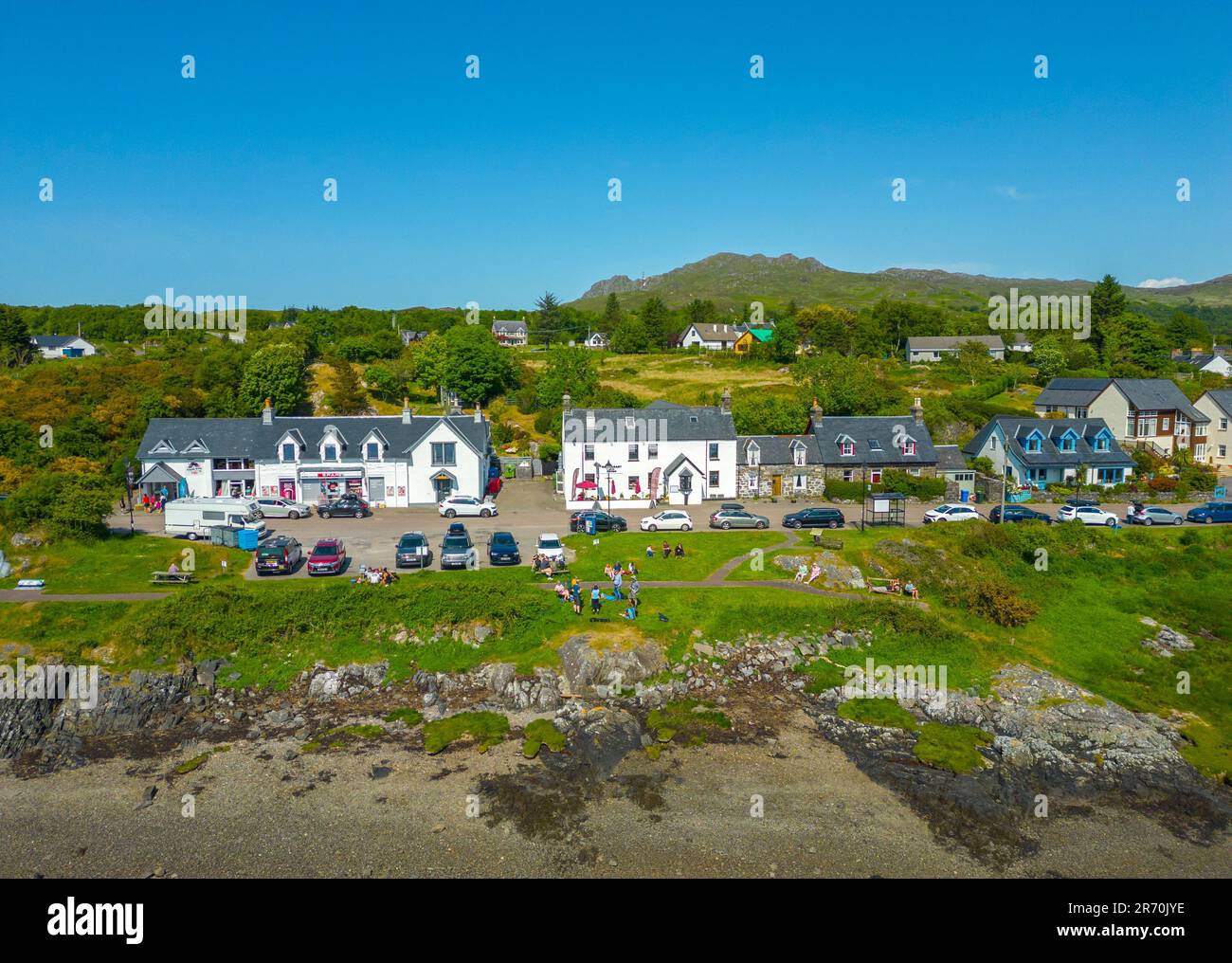 Aerial view from drone of Arisaig village in Lochaber, Scottish Highlands, Scotland, UK Stock