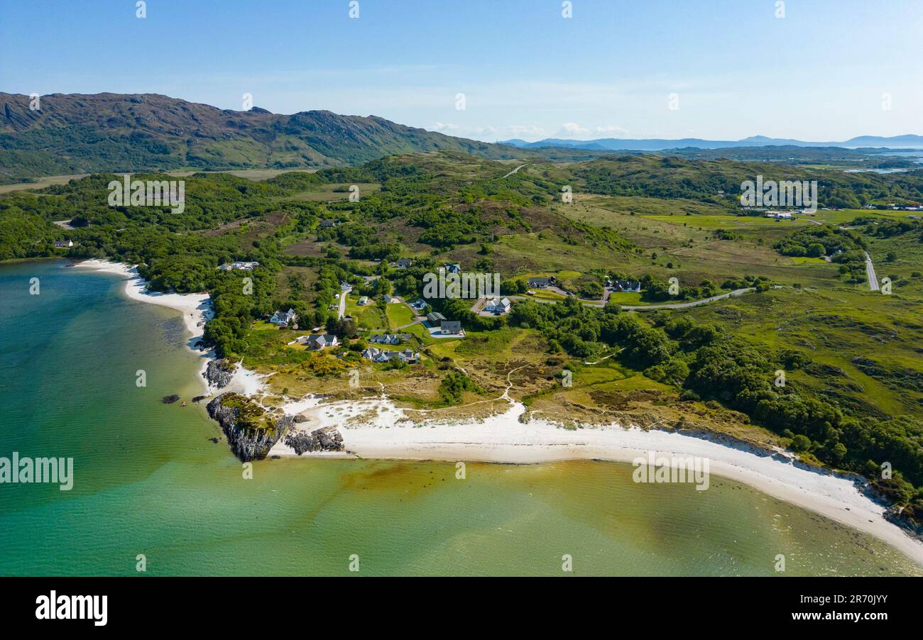Aerial view from drone of beach on River Morar at Morar Bay, one of the Silver Sands of Morar in Lochaber, Scottish Highlands, Scotland, UK Stock Photo