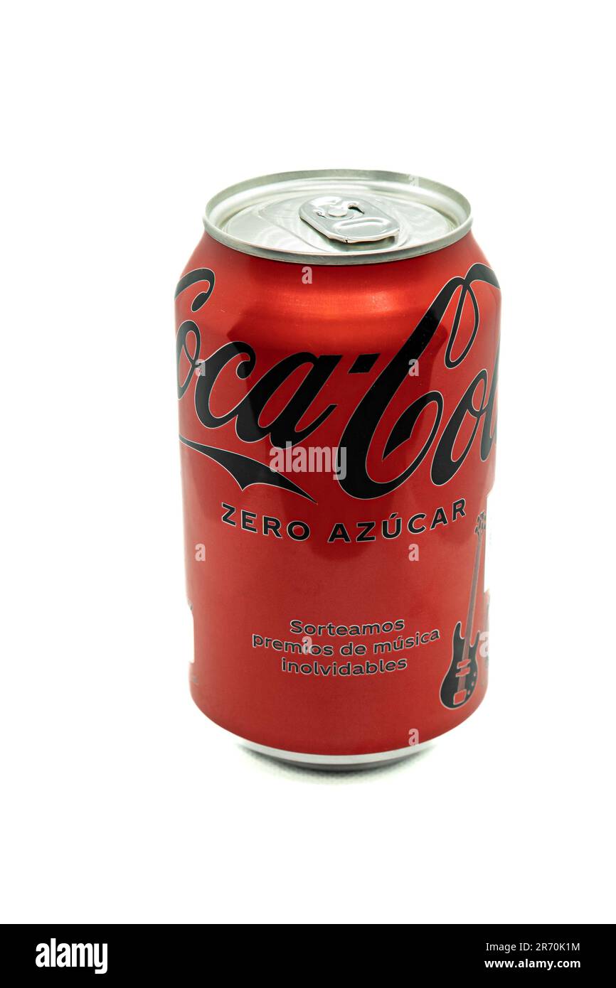 Vertical image of the side of a can of coca-cola zero version of Spain, isolated on white background. Stock Photo