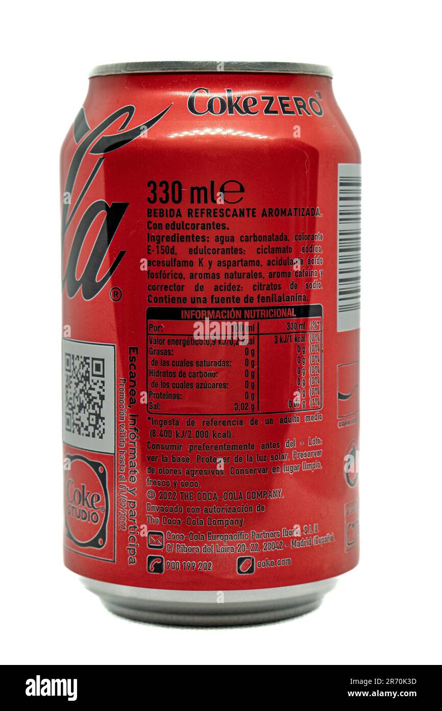 Vertical image of the side of a can of coca-cola zero version of Spain, isolated on white background. Stock Photo