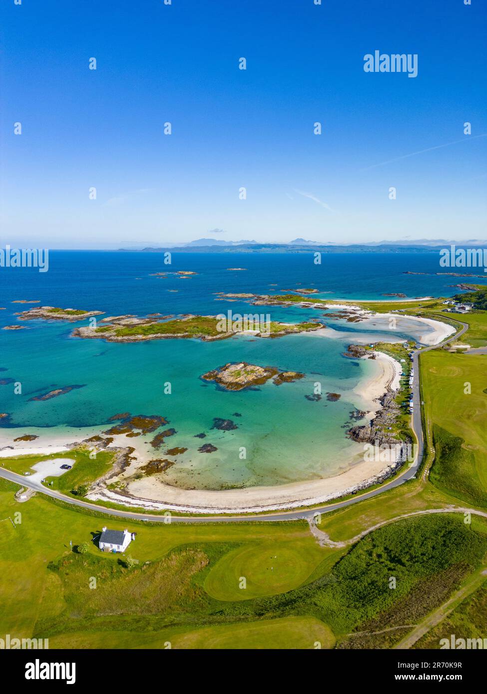 Aerial view from drone of Traigh Beach, one of the Silver Sands of Morar in Lochaber, Scottish