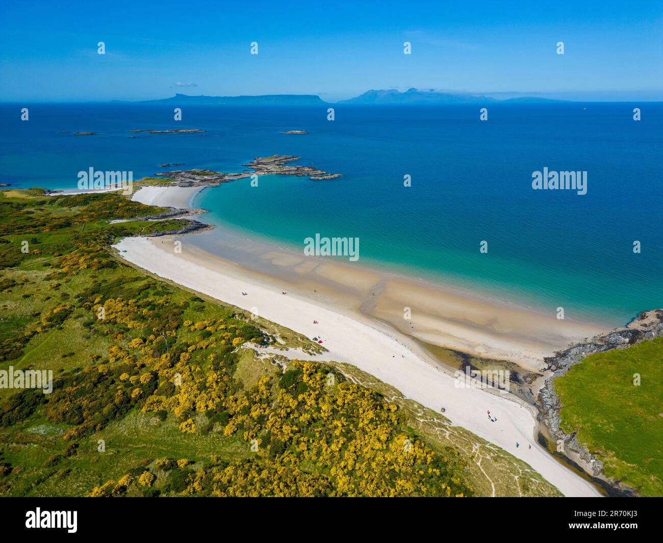 Aerial view from drone of Camusdarach Beach, one of the Silver Sands of Morar in Lochaber, Scottish Highlands, Scotland, UK Stock Photo