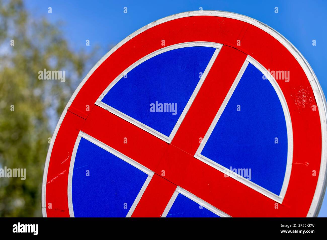 Colored automobile road sign, a red and blue road sign prohibiting the