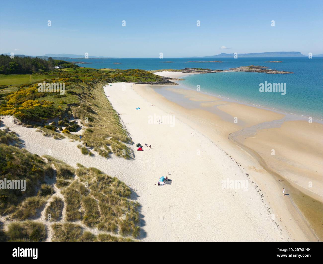 Aerial view from drone of Camusdarach Beach, one of the Silver Sands of Morar in Lochaber, Scottish Highlands, Scotland, UK Stock Photo