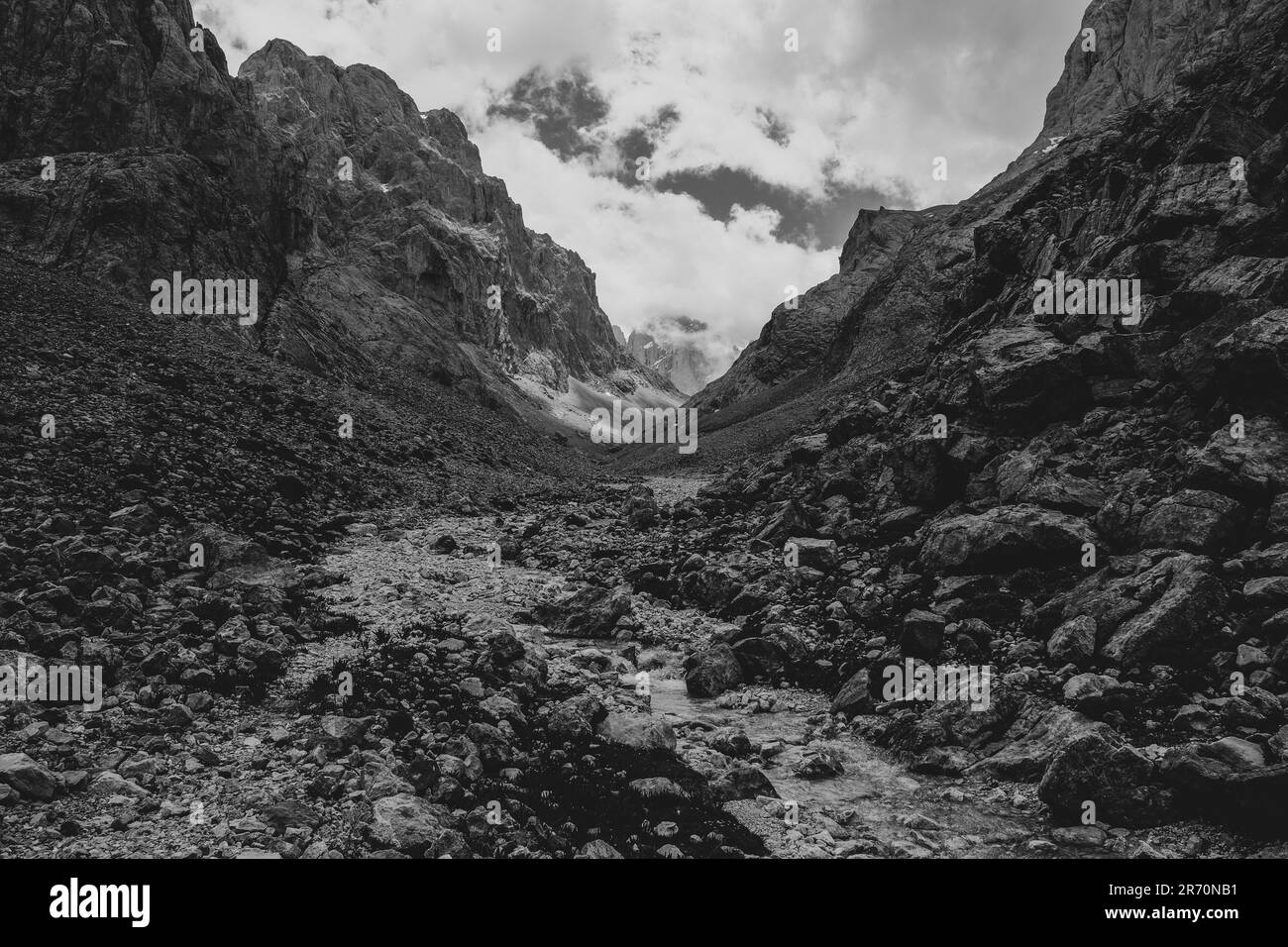 Mountain river between rock peaks black and white photography Stock