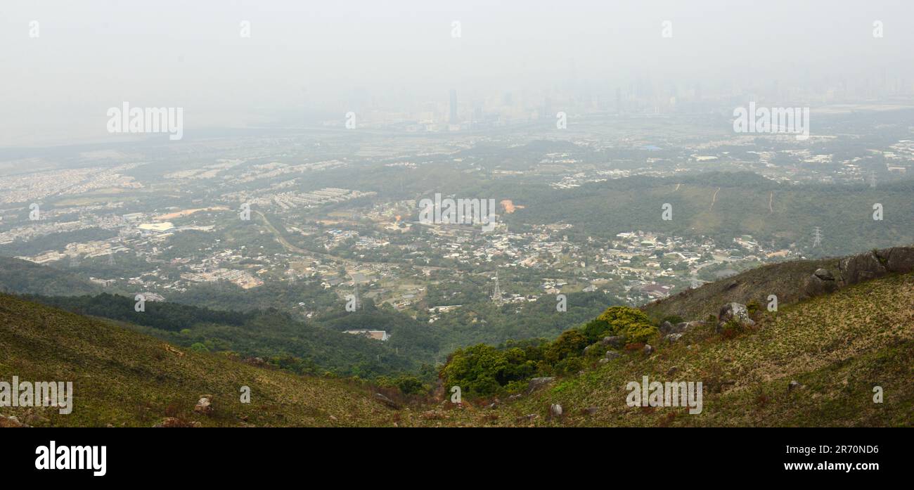 A view of Shenzhen from Kai Kung Shan mountain in the New Territories in Hong Kong. Stock Photo