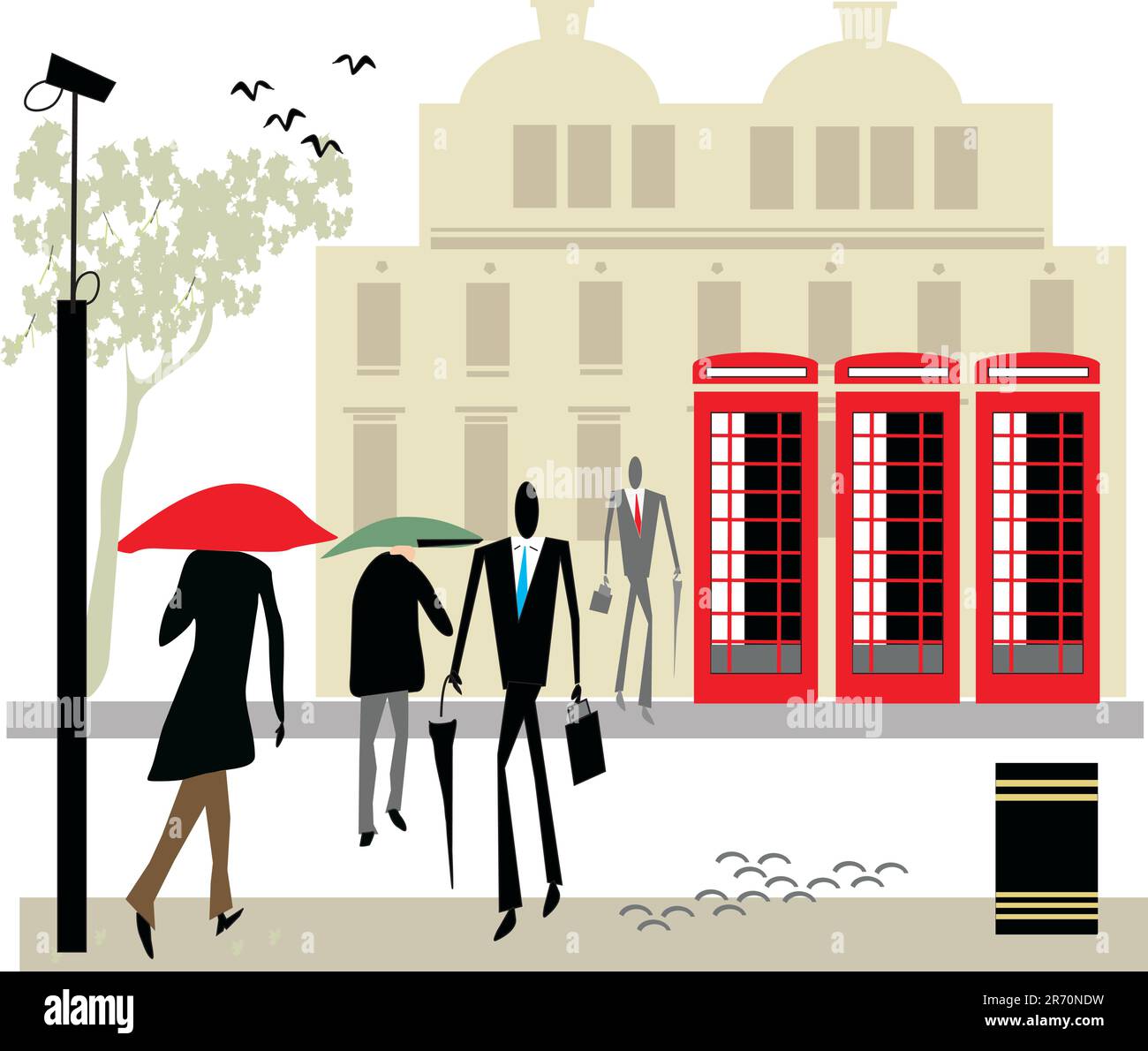 Vector illustration of people with umbrellas and English telephone booths. Stock Vector