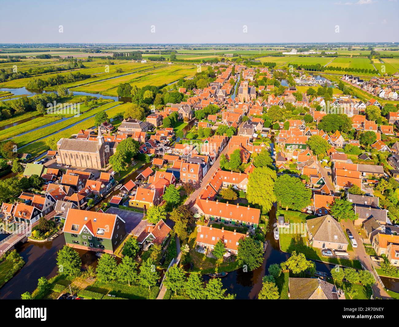 De Rijp Kerkdiensten High angle Drone Point of View on the village of De Rijp, part of the