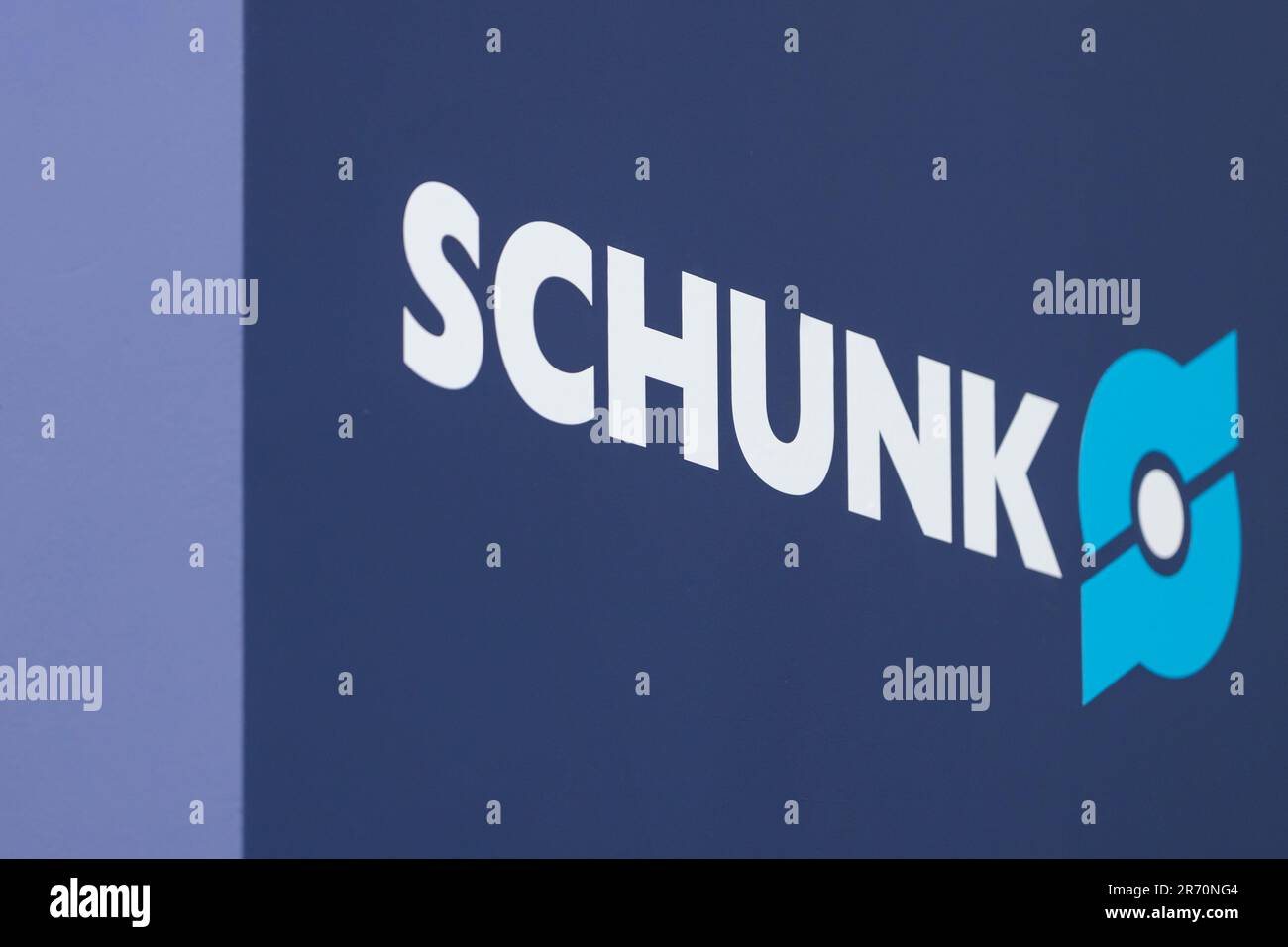 Poland, Poznan - June 01, 2023: HIGH TECH EXPO Europe. Logo SCHUNK offers a wide range of sensors for inductive, magnetic and optical monitoring of gr Stock Photo