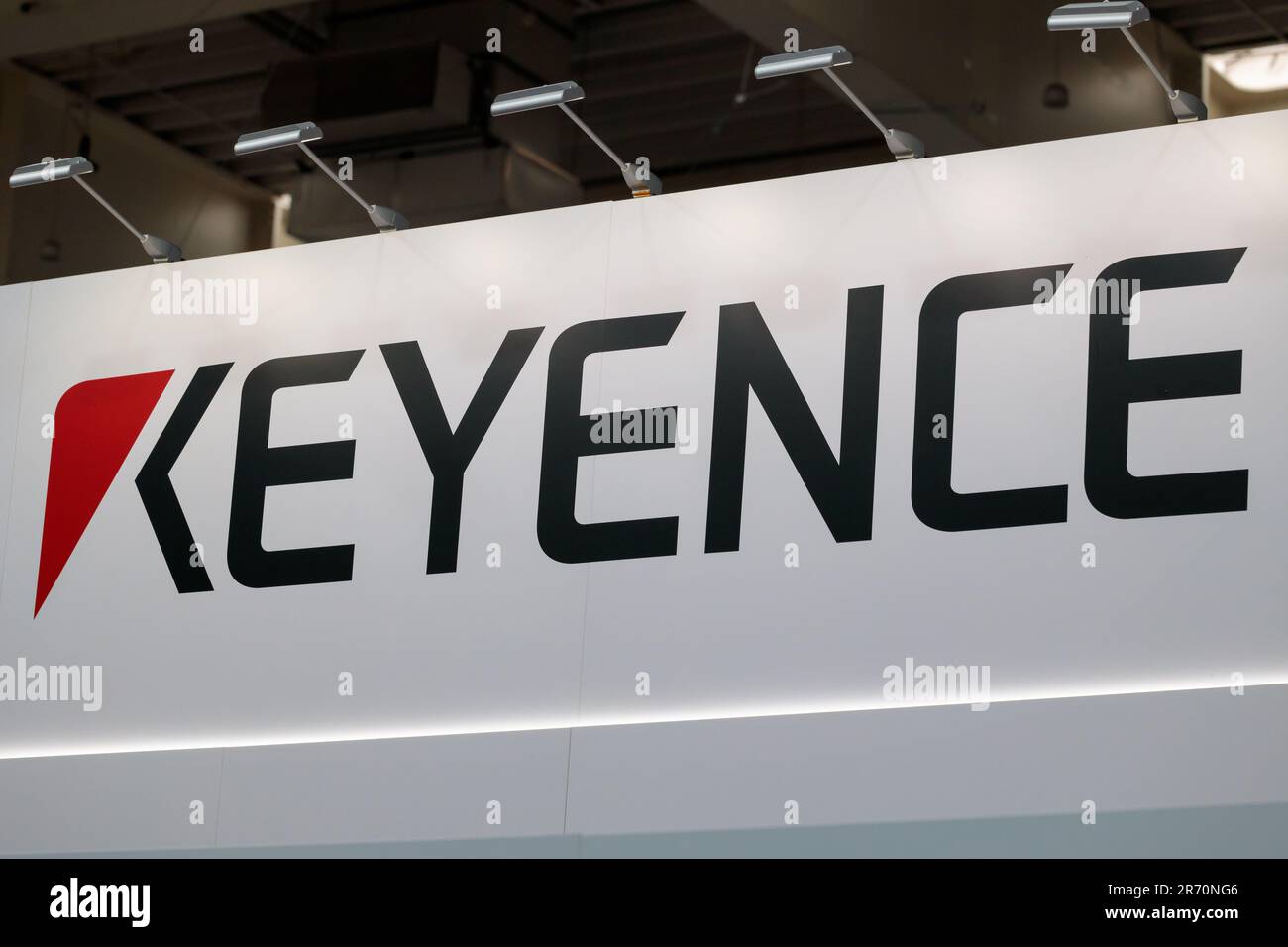 Poland, Poznan - June 01, 2023: HIGH TECH EXPO Europe. KEYENCE logo. A ...