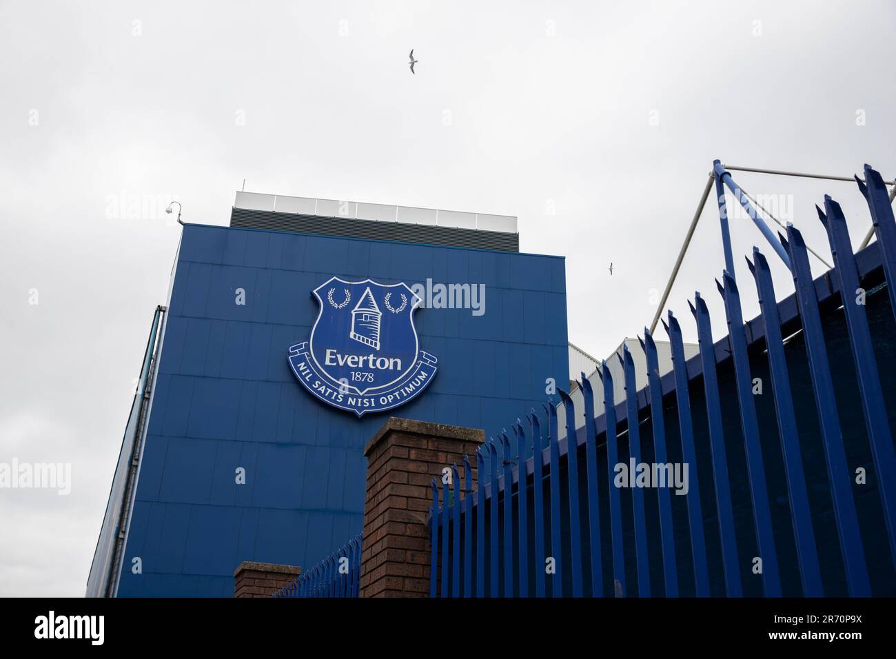Everton FC's club badge / crest, on the side of their Goodison Park stadium, Liverpool. Stock Photo