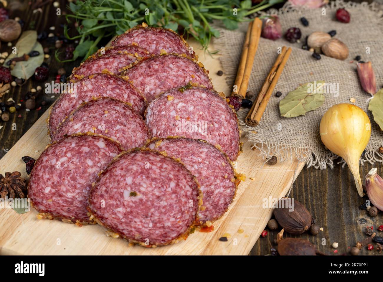 Pork sausage with spices and a lot of garlic, delicious sausage made of