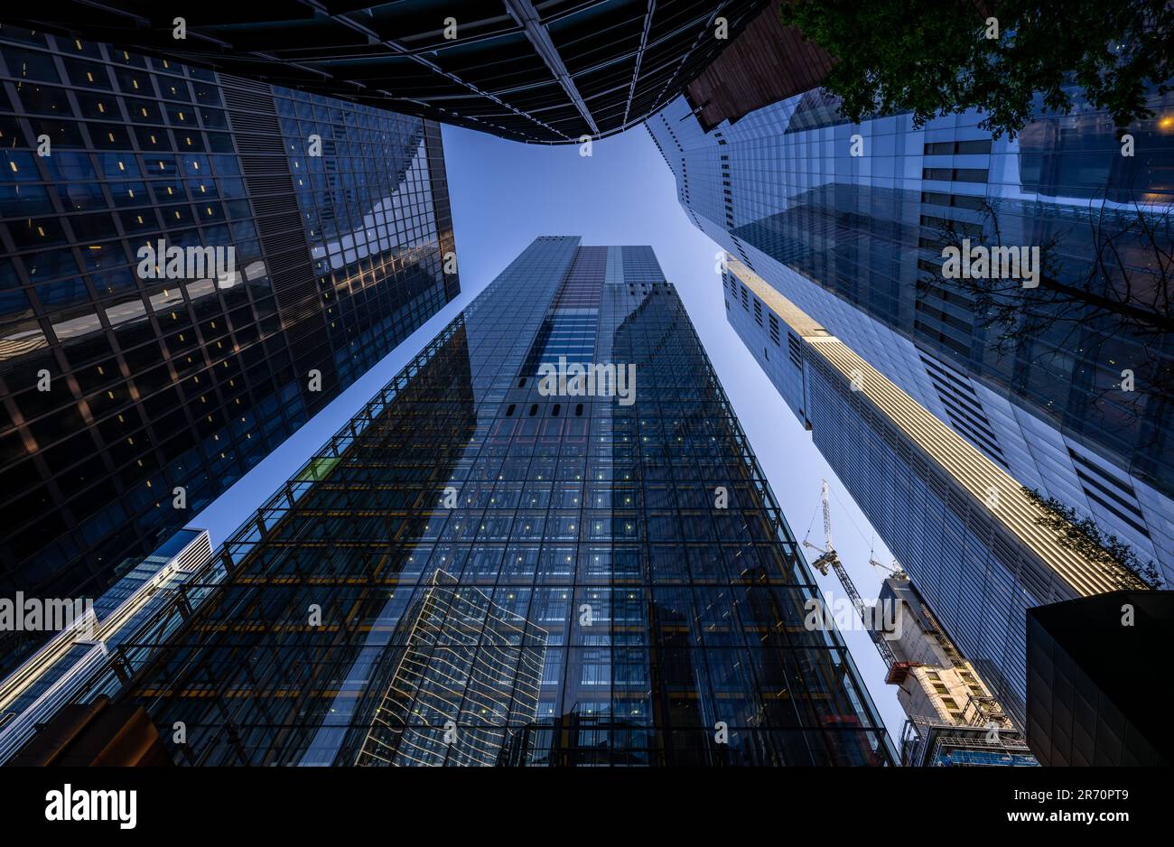 Skyscrapers from Undershaft in the City of London, UK. St Helen's (left), Cheesegrater (front), 8 Bishopsgate (front right) and 22 Bishopsgate (right) Stock Photo