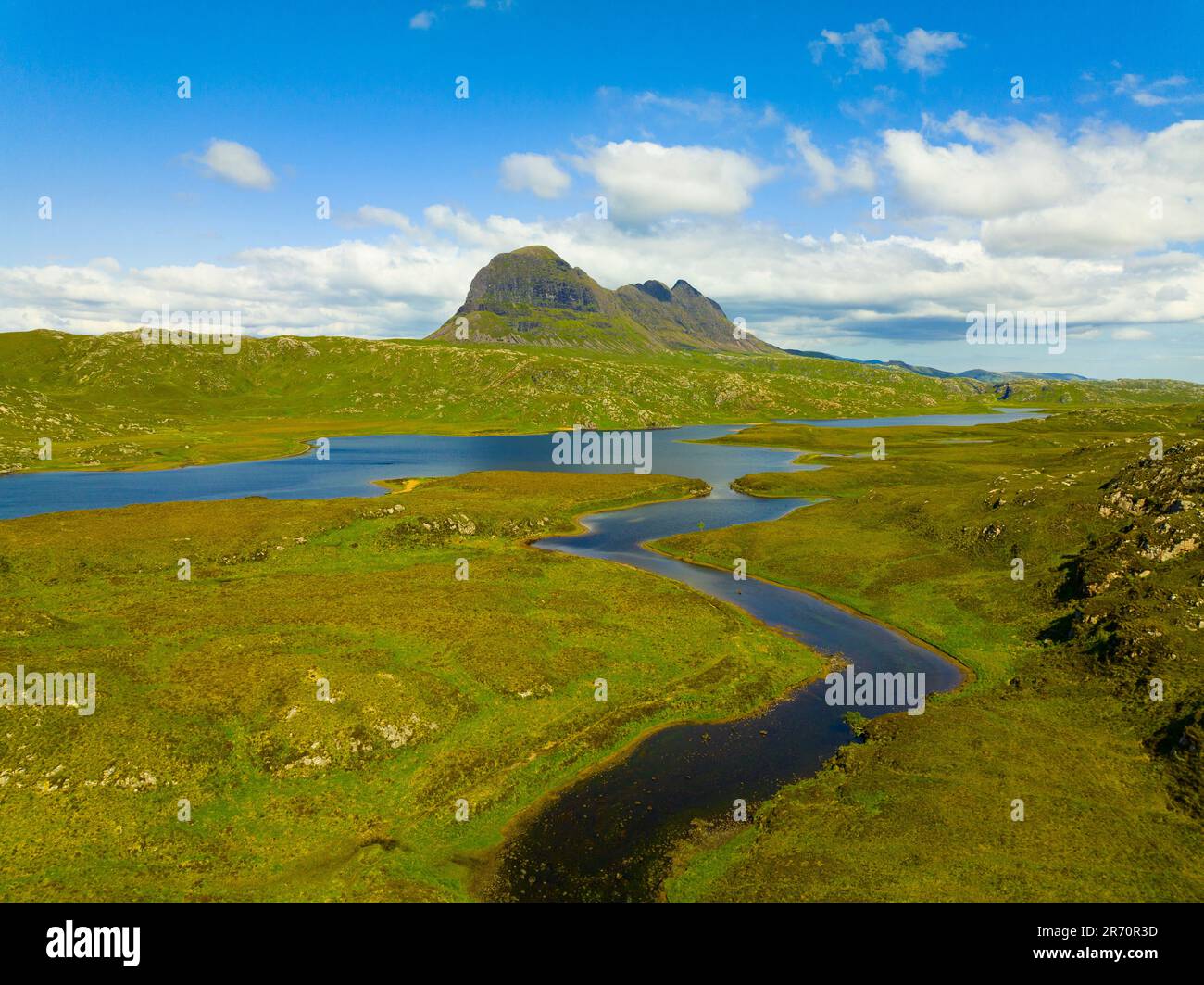 Aerial view of Suilven mountain and River Kirkaig in Assynt-Coigach, Scottish Highlands, Scotland, UK Stock Photo