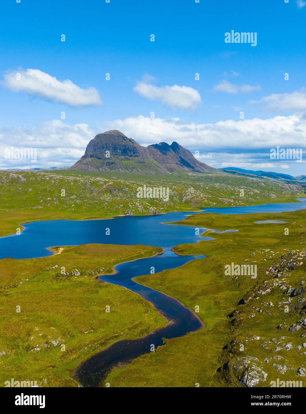 Aerial view of Suilven mountain and River Kirkaig in Assynt-Coigach ...