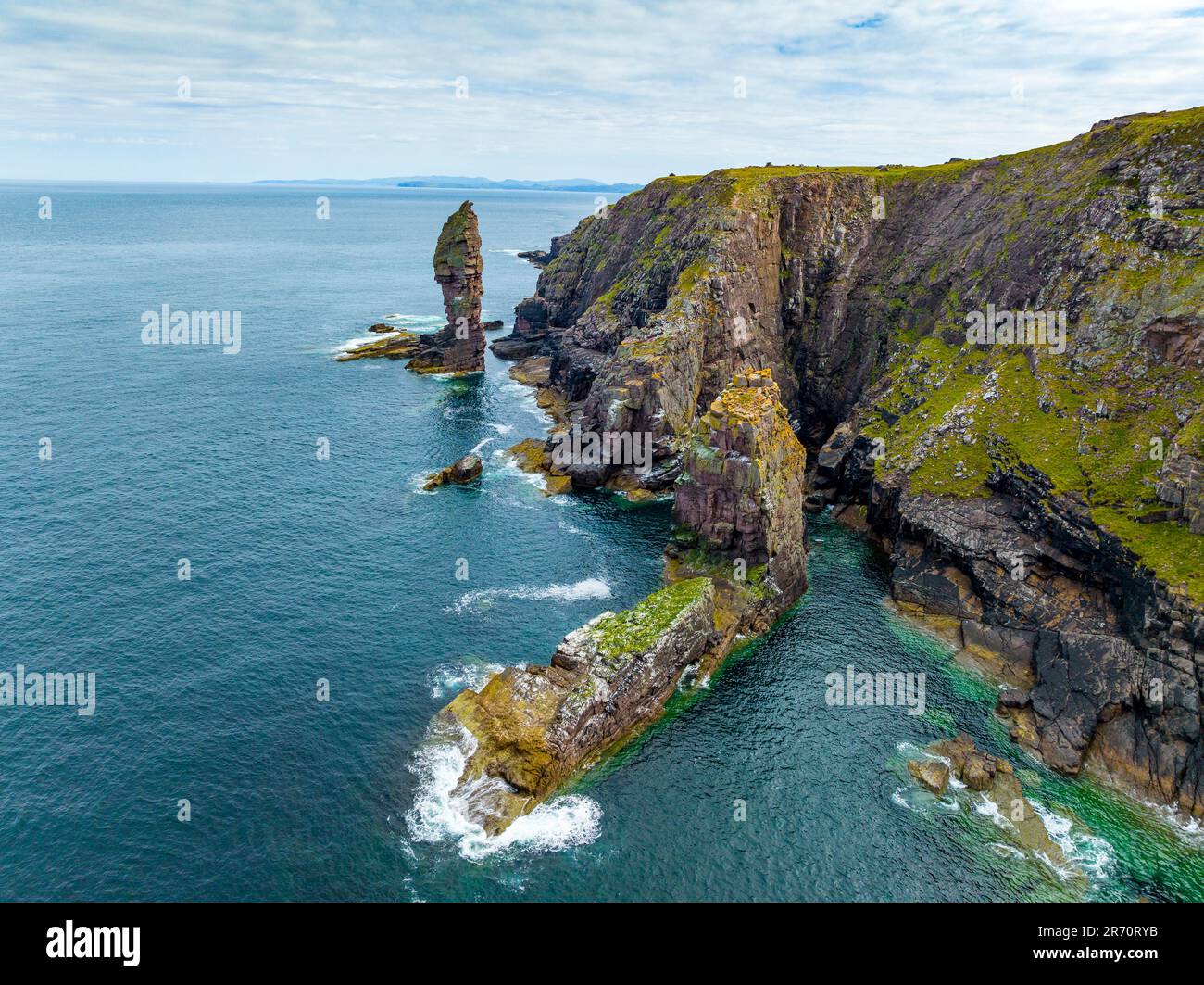 Aerial view from drone of the Old Man of Stoer sea stack at Point of Stoer , Assynt, Scottish Highlands, Scotland, UK Stock Photo