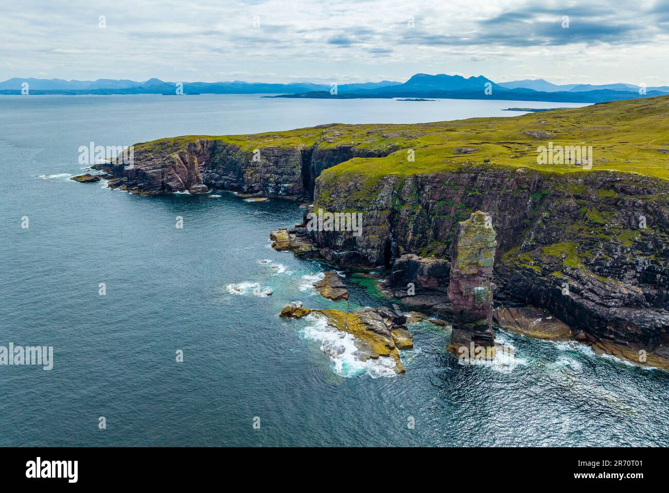 Aerial view from drone of the Old Man of Stoer sea stack at Point of Stoer , Assynt, Scottish Highlands, Scotland, UK Stock Photo
