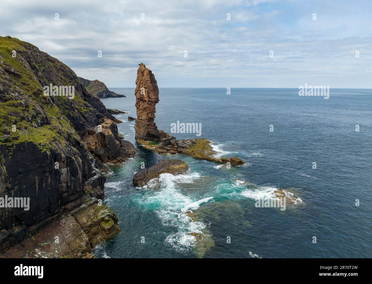Aerial view from drone of the Old Man of Stoer sea stack at Point of Stoer , Assynt, Scottish Highlands, Scotland, UK Stock Photo