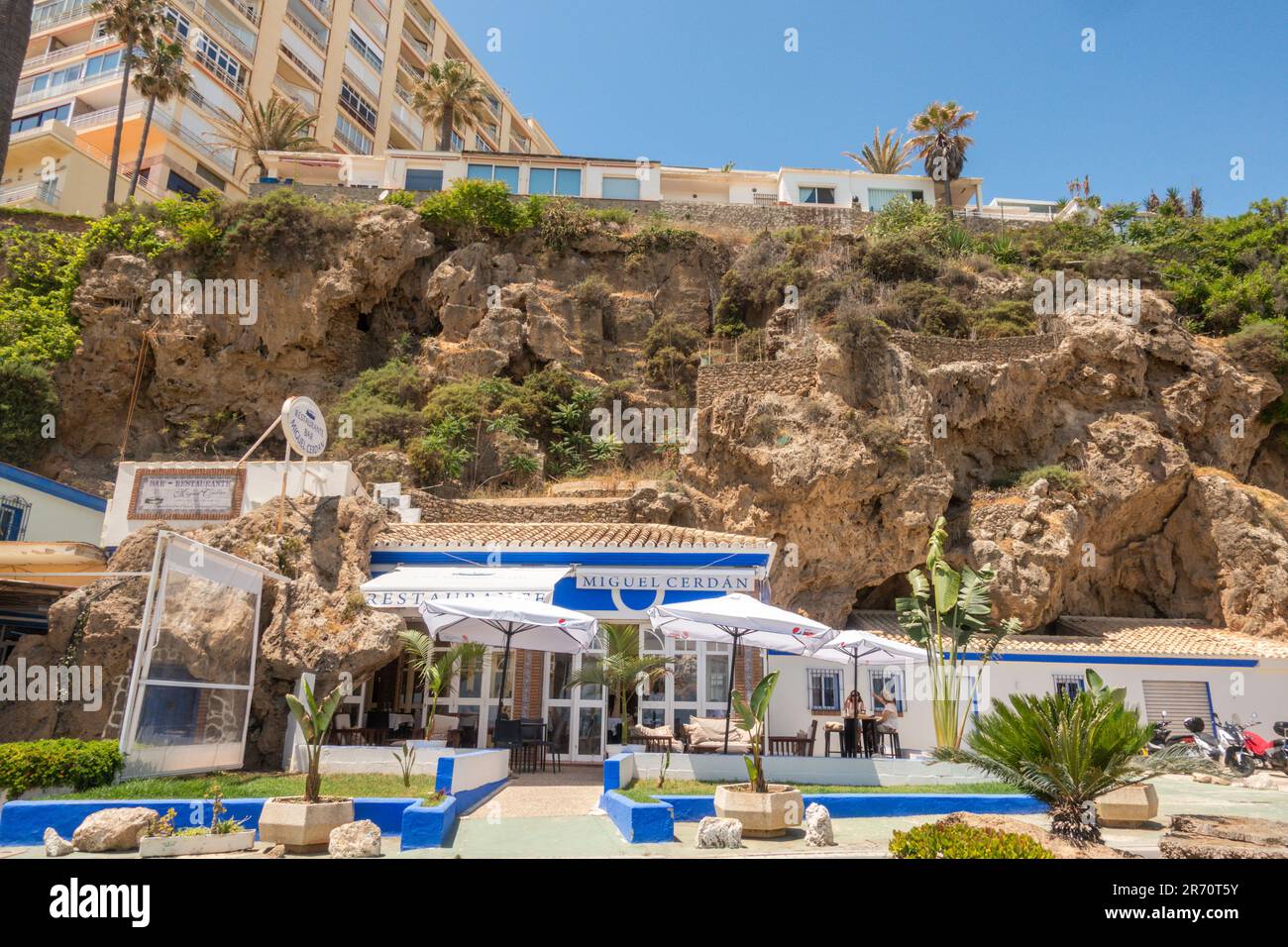 Spanish style beach restaurant at cliff, Torremolinos, Costa del Sol, Malaga, Spain. Stock Photo
