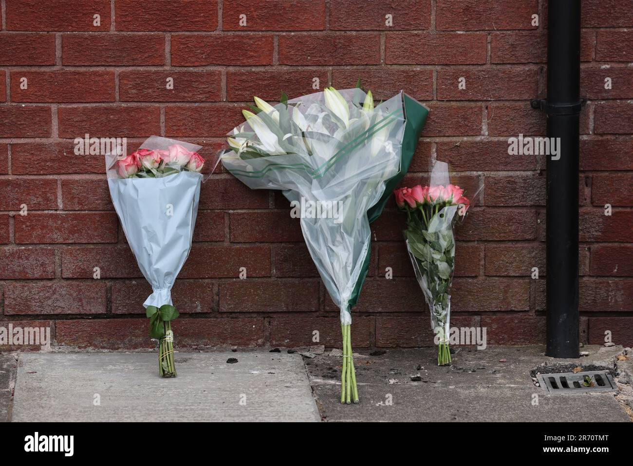 Flowers at the scene on James Street in Ballymena, Co Antrim, following the launch of murder inquiry on Sunday after suspected human remains were found during the search for Chloe Mitchell, who was last seen on CCTV in the early hours of June 3 in Ballymena town centre. Brandon John Rainey, 26, of James Street in Ballymena appeared via video link at Ballymena Magistrates' Court, charged with the murder of 21-year-old Chloe. Picture date: Monday June 12, 2023. Stock Photo