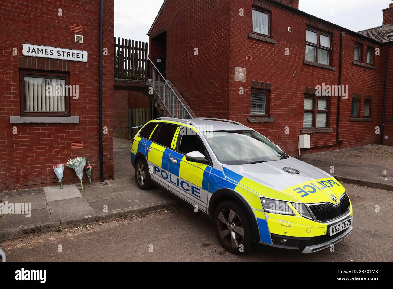 The scene on James Street in Ballymena, Co Antrim, following the launch of murder inquiry on Sunday after suspected human remains were found during the search for Chloe Mitchell, who was last seen on CCTV in the early hours of June 3 in Ballymena town centre. Brandon John Rainey, 26, of James Street in Ballymena appeared via video link at Ballymena Magistrates' Court, charged with the murder of 21-year-old Chloe. Picture date: Monday June 12, 2023. Stock Photo