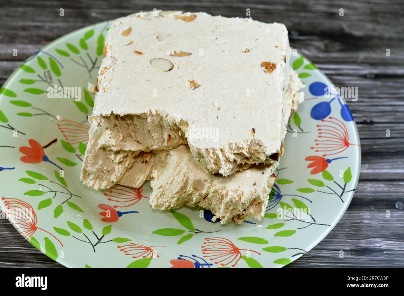 Traditional tahini halva with almonds or Halawa Tahiniya, the primary