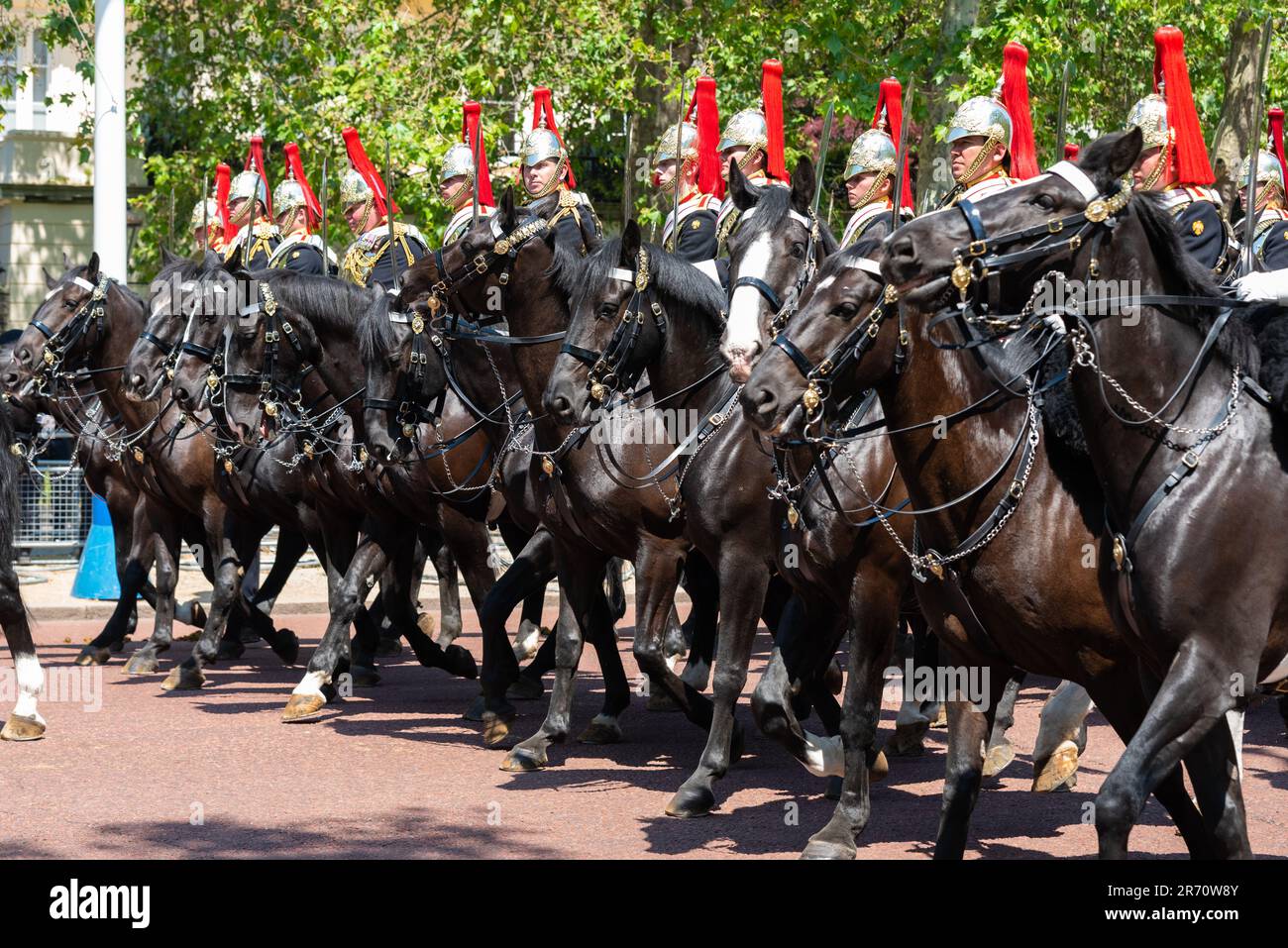 Colonel's review of Trooping the Colour is a final evaluation of the military parade before the full event takes place next week. Blues & Royals Stock Photo