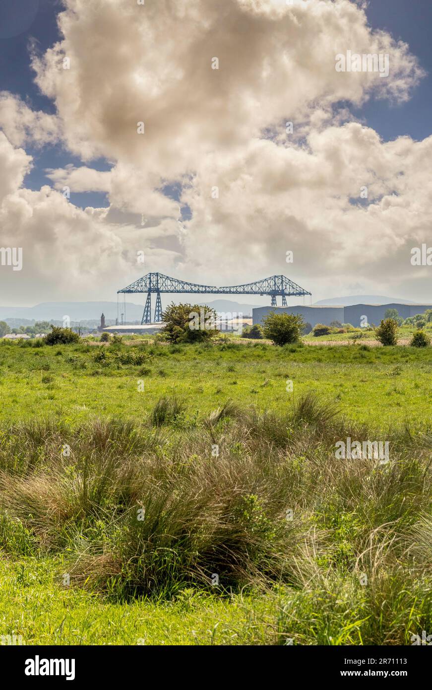 Looking south across the grassland of Saltholme nature reserve towards the iconic Middlesbrough Transporter bridge which spans the river Tees. UK Stock Photo