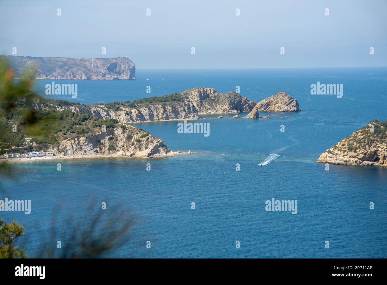 Mirador de Cap Negre with Isla del Portixol and Cap de Sant Marti in the Mediterranean, Spain Stock Photo