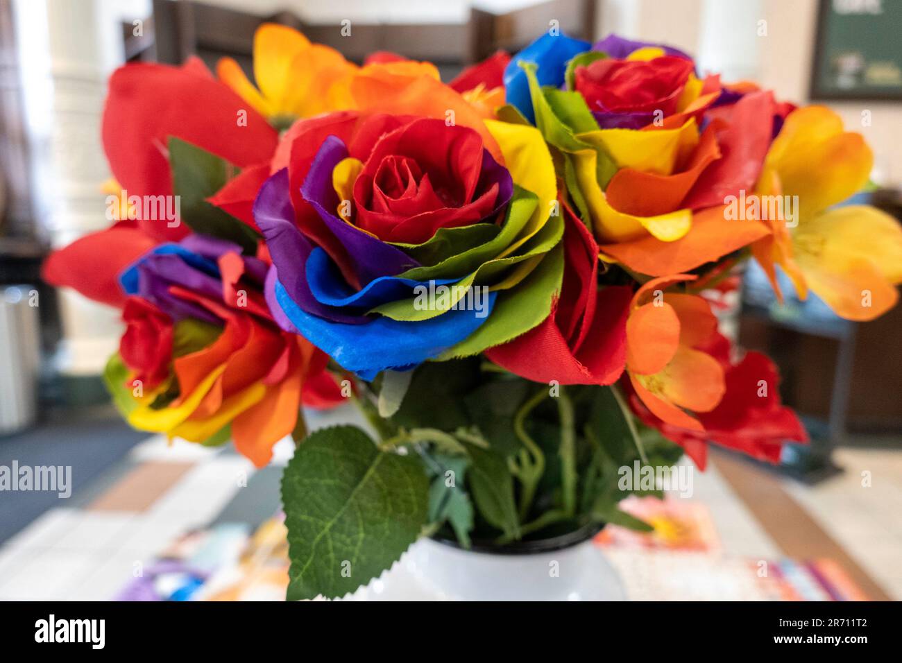 Still life of a rainbow pride, artificial flower bouquet, 2023, pride