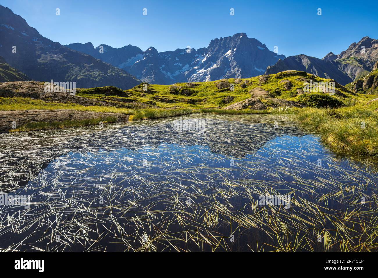 Lauzon Lake in Ecrins National Park in summer with a view of the Sirac mountain peak. Valgaudemar valley (Alps). Gioberney. Hautes-Alpes, France Stock Photo