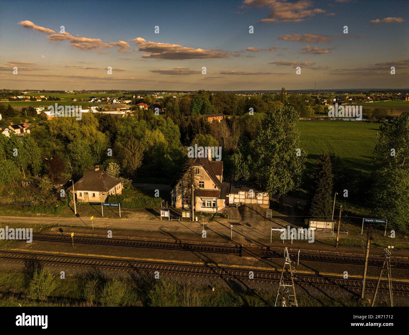 An aerial view of Topola-Osiedle surrounded by lush vegetation in Poland Stock Photo