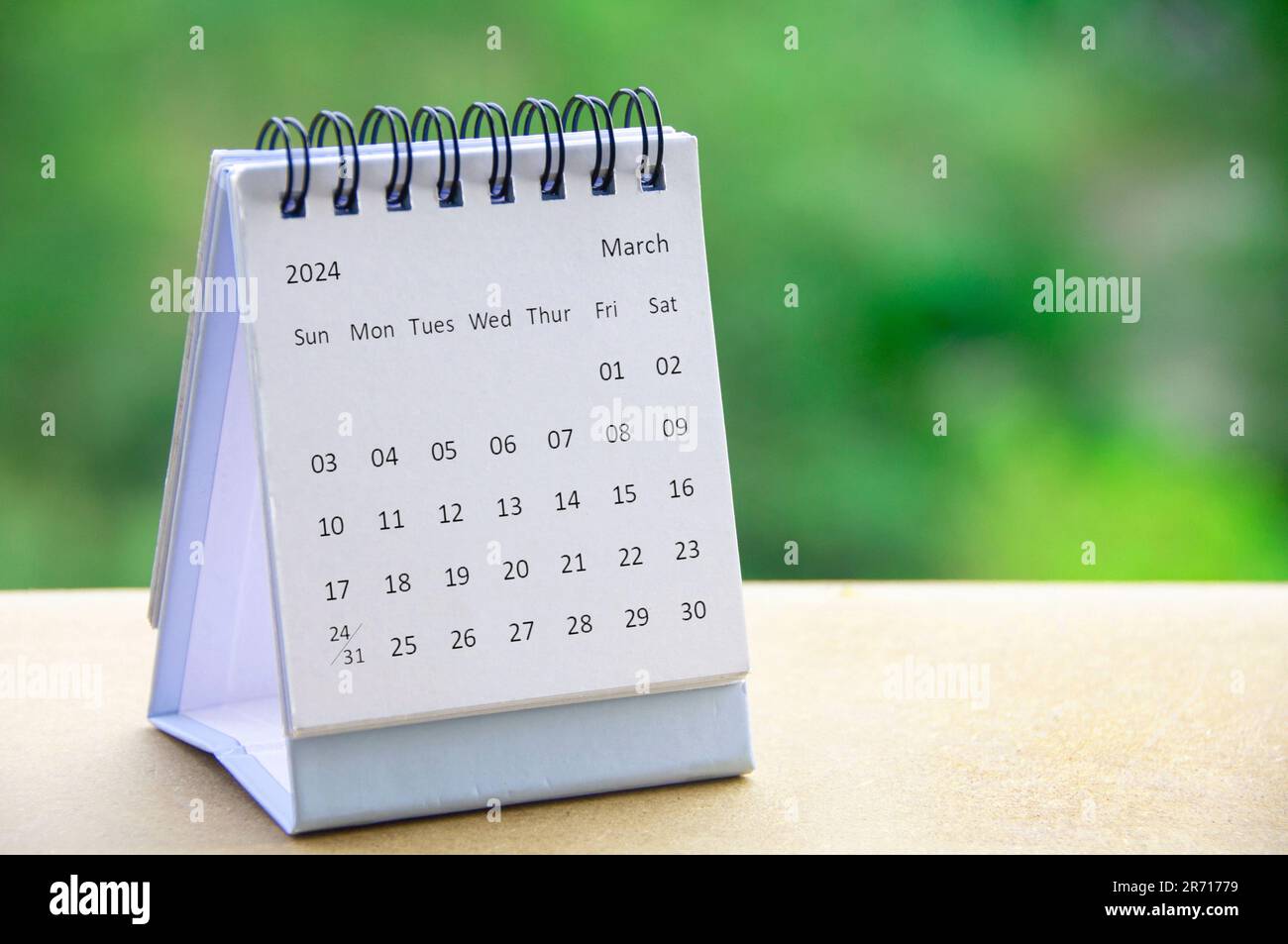 March 2024 white table calendar with customizable space for text. Copy space Stock Photo