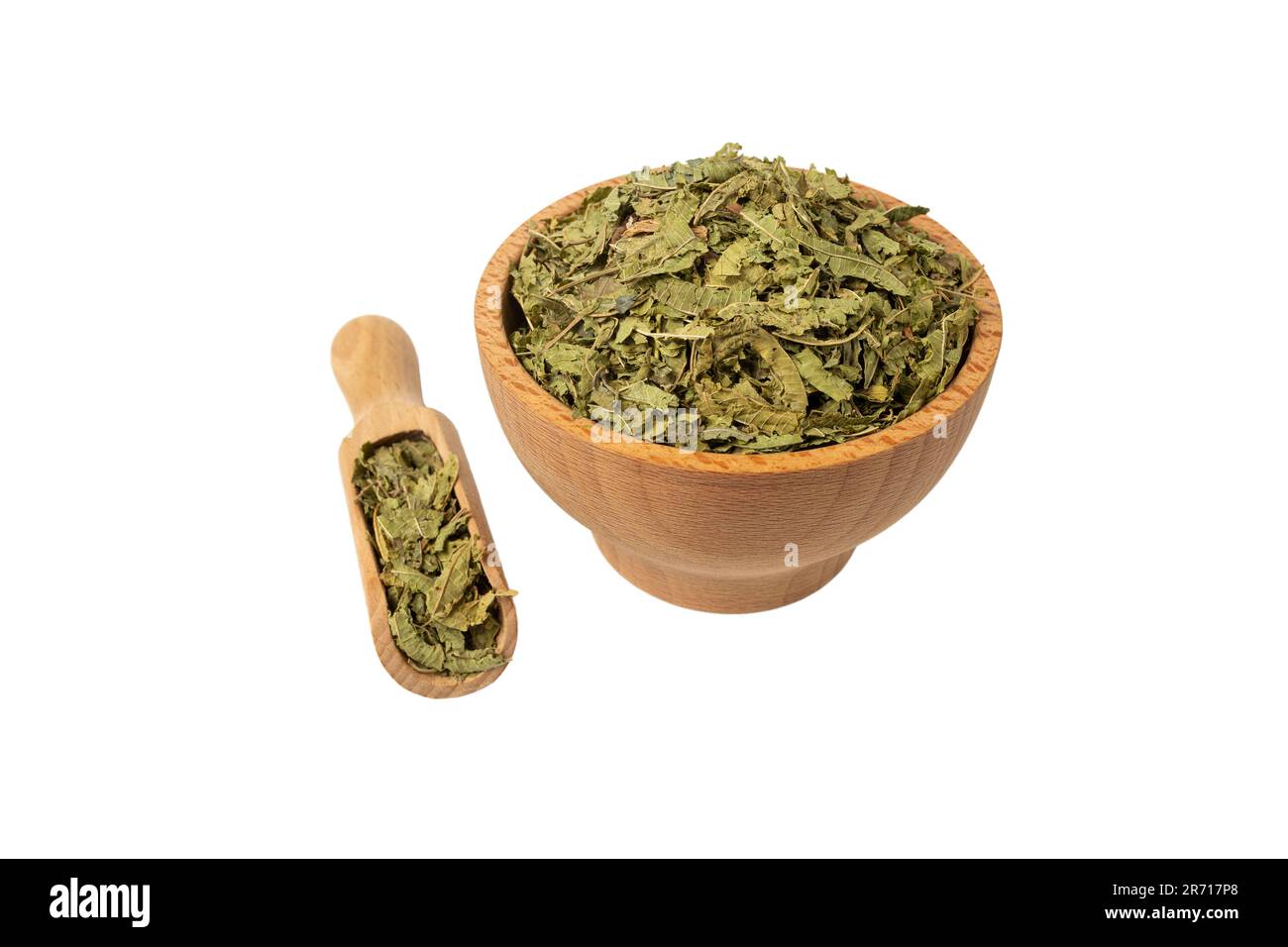 Dried leaves o Lemon verbena in latin Aloysia citrodora in wooden bowl
