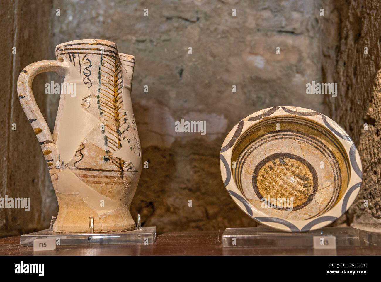 Ancient pottery, displayed at gallery in the keep, Frankish Castle of Chlemoutsi, near village of Kastro, Peloponnese peninsula, West Greece region, Greece Stock Photo