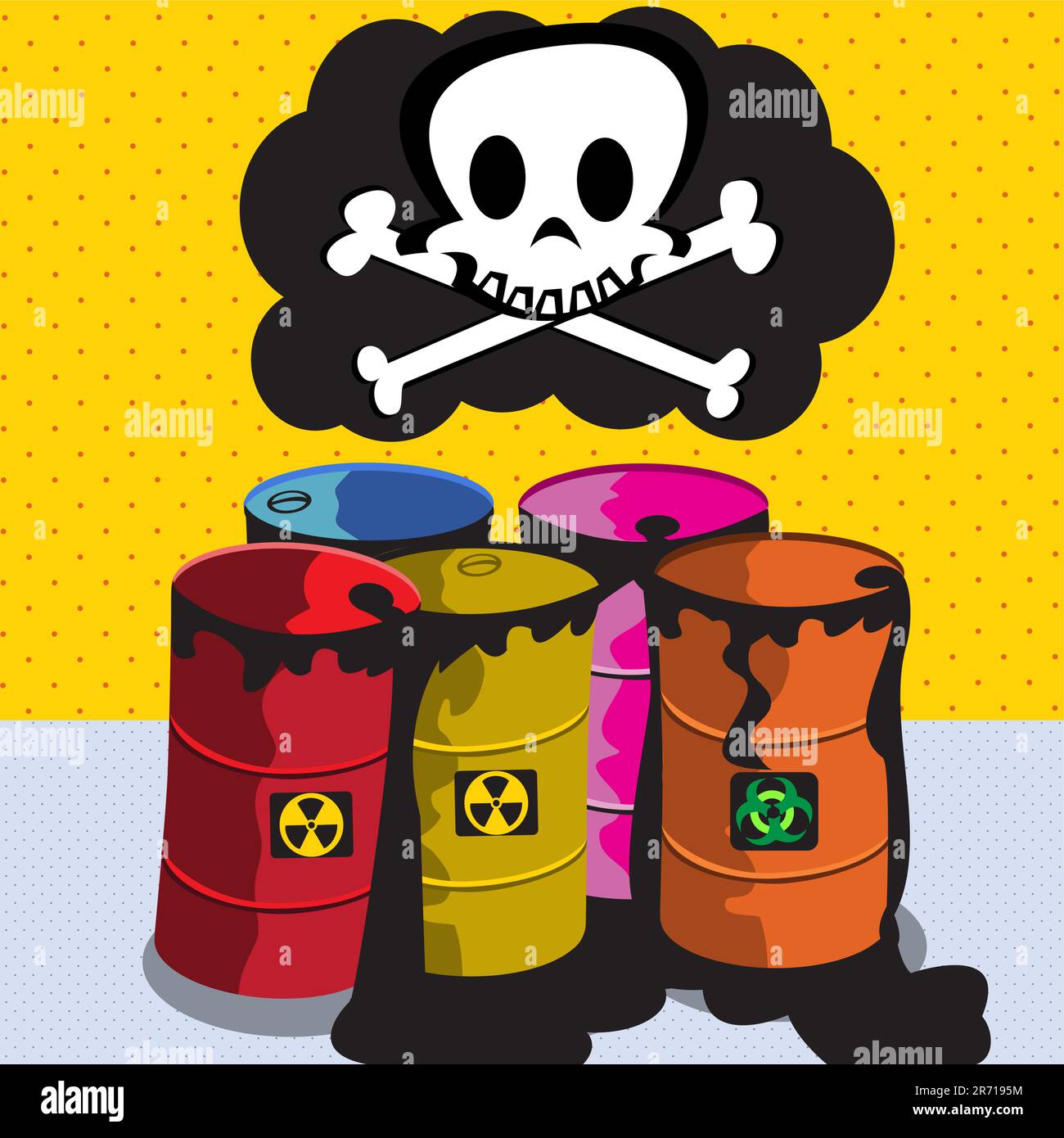 Cartoon vector illustration of toxic barrels with a skull above them