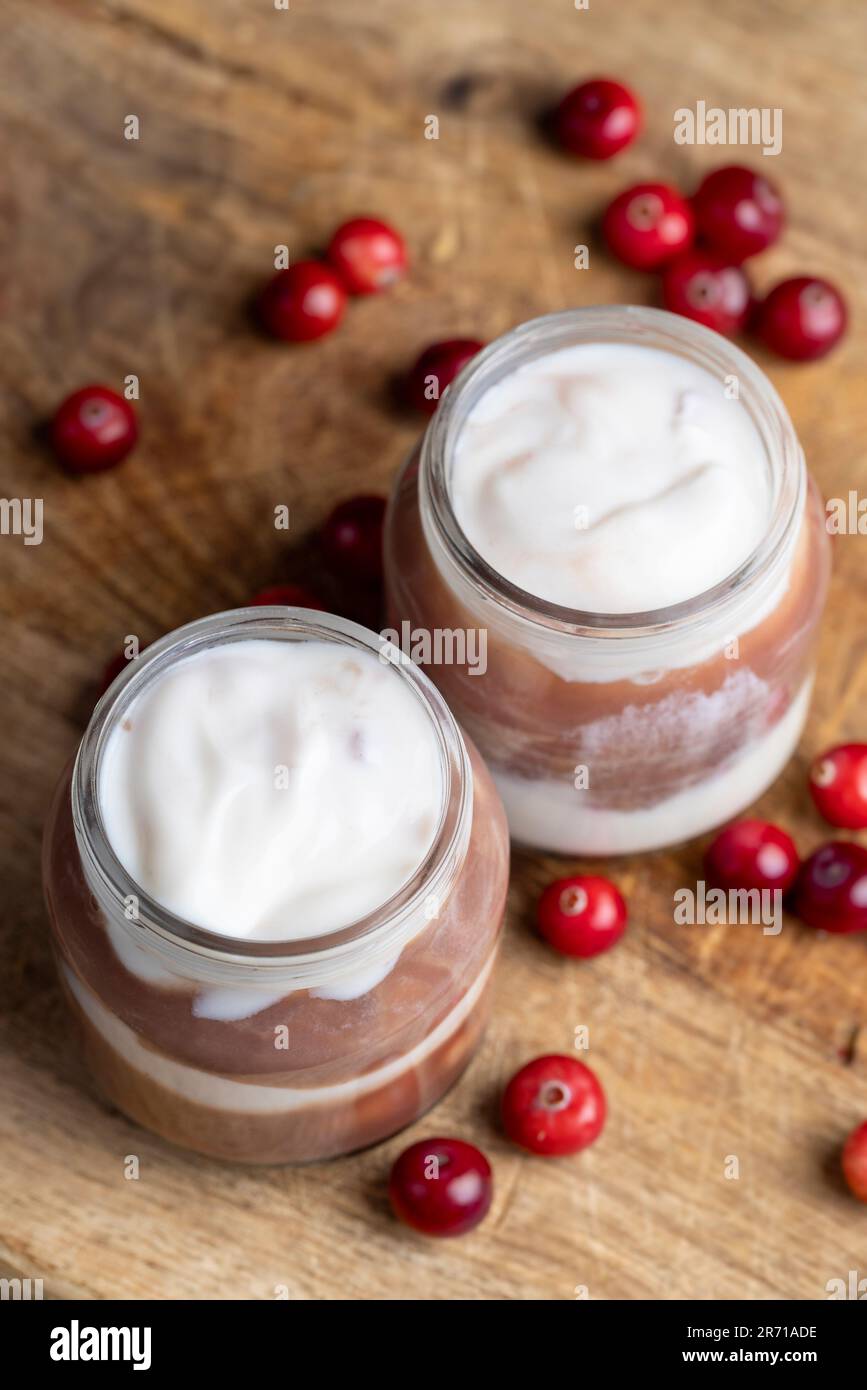 Yogurt with plum jam in a jar, yogurt with fruit flavor and cranberry