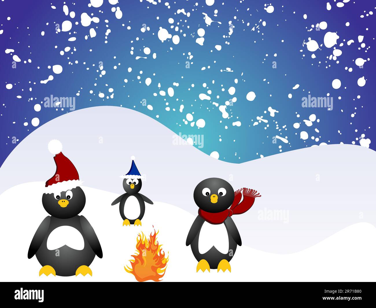 vector eps10illustration of penguins around a fire on ice Stock Vector